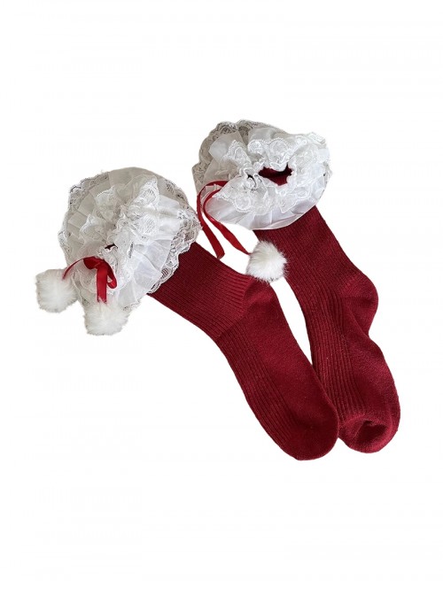 Cute Christmas Ribbon Bowknot Multi Layer Lace White Pom Poms Sweet Lolita Socks