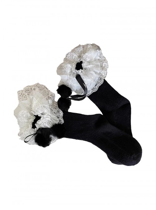Cute Christmas Ribbon Bowknot Multi Layer Lace White Pom Poms Sweet Lolita Socks