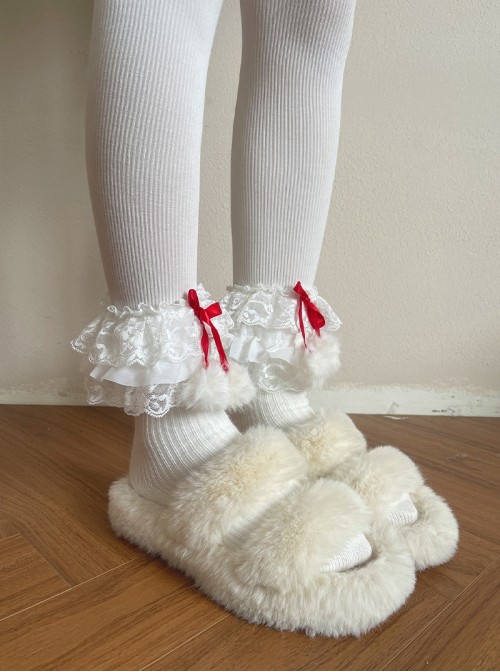 Cute Christmas Ribbon Bowknot Multi Layer Lace White Pom Poms Sweet Lolita Socks