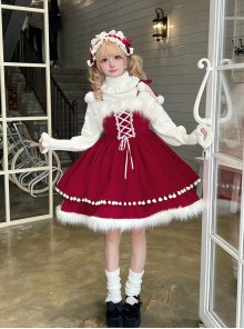 Little Bell Series Christmas Red Cute Lace Binding Band Pom Pom Bowknot White Plush Bell Decoration Sweet Lolita Sleeveless Dress