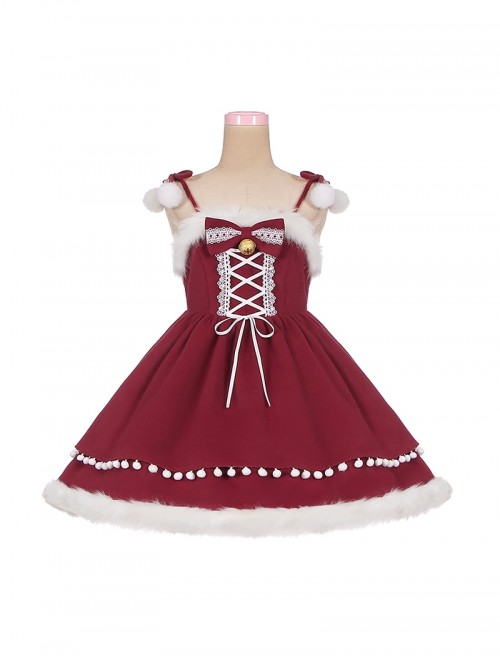 Little Bell Series Christmas Red Cute Lace Binding Band  Pom Pom Bowknot White Plush Bell Decoration Sweet Lolita Sleeveless Dress