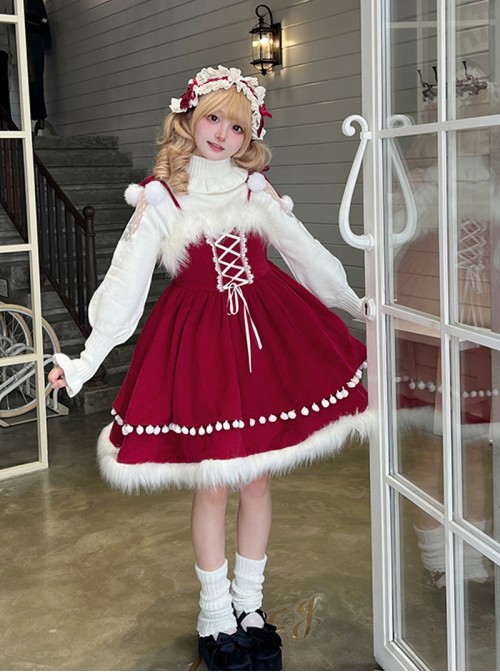 Little Bell Series Christmas Red Cute Lace Binding Band  Pom Pom Bowknot White Plush Bell Decoration Sweet Lolita Sleeveless Dress