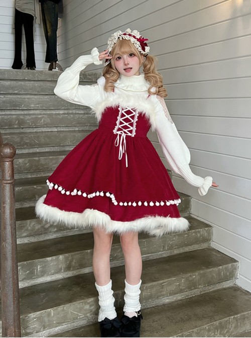 Little Bell Series Christmas Red Cute Lace Binding Band  Pom Pom Bowknot White Plush Bell Decoration Sweet Lolita Sleeveless Dress