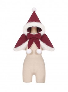 Little Bell Series Christmas Cute Red Pointed Hat White Plush Trim Bowknot White Pom Pom Decorations Sweet Lolita Cape