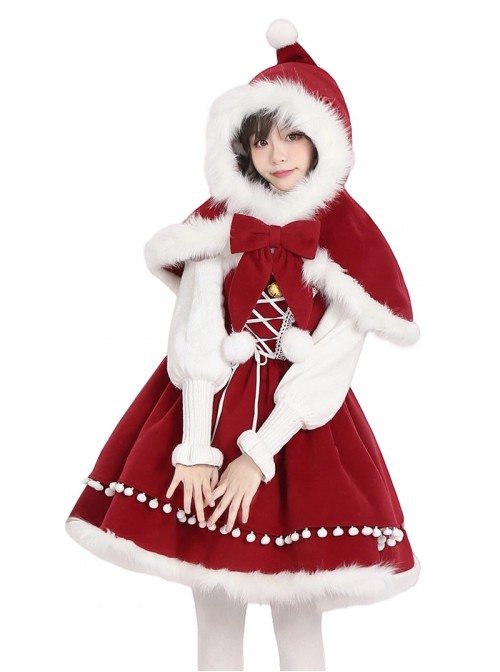 Little Bell Series Christmas Cute Red Pointed Hat White Plush Trim Bowknot White Pom Pom Decorations Sweet Lolita Cape