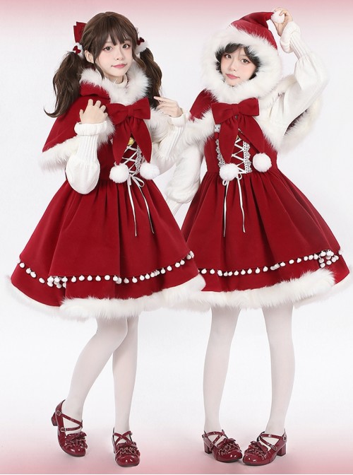 Little Bell Series Christmas Cute Red Pointed Hat White Plush Trim Bowknot White Pom Pom Decorations Sweet Lolita Cape