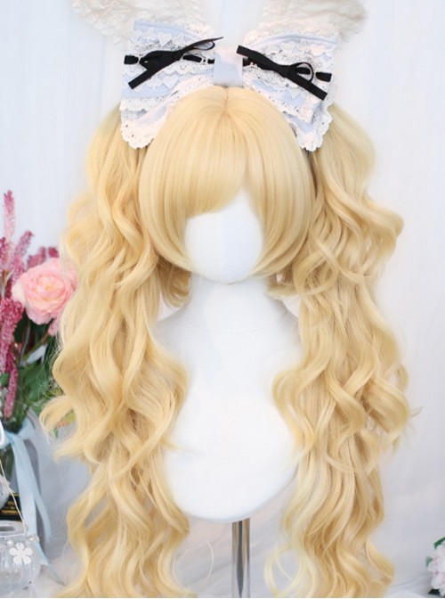 Sugar Snow Series Light Golden Natural Cute Straight Bangs Sweet Lolita Double Ponytails Roman Curly Long Hair Wig