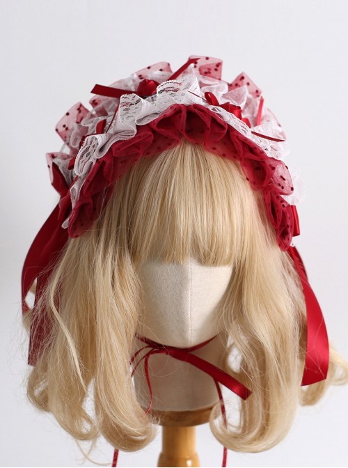Dark Red Satin Ribbon Strawberry Polka Dot Lace Bowknot Flower Bud Decoration Sweet Lolita Headband