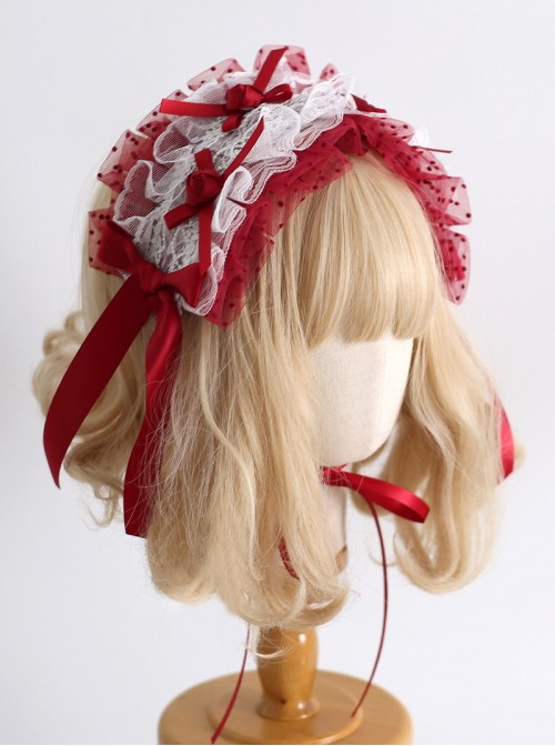 Dark Red Satin Ribbon Strawberry Polka Dot Lace Bowknot Flower Bud Decoration Sweet Lolita Headband