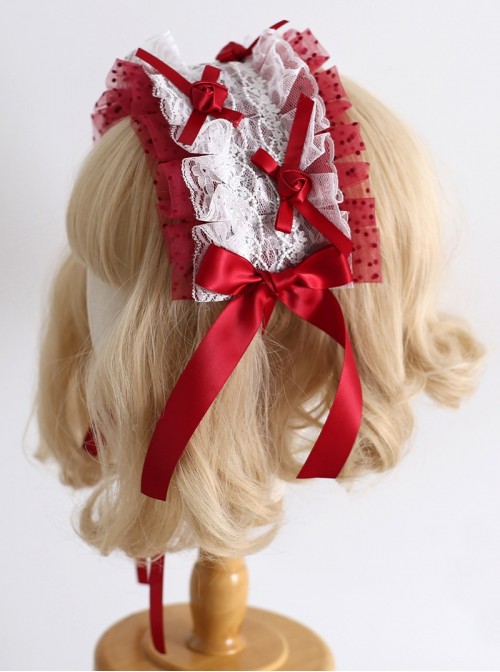 Dark Red Satin Ribbon Strawberry Polka Dot Lace Bowknot Flower Bud Decoration Sweet Lolita Headband