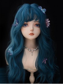Deep-Sea Blue Natural Curly Bangs Long Curly Wig Classic Lolita Wigs