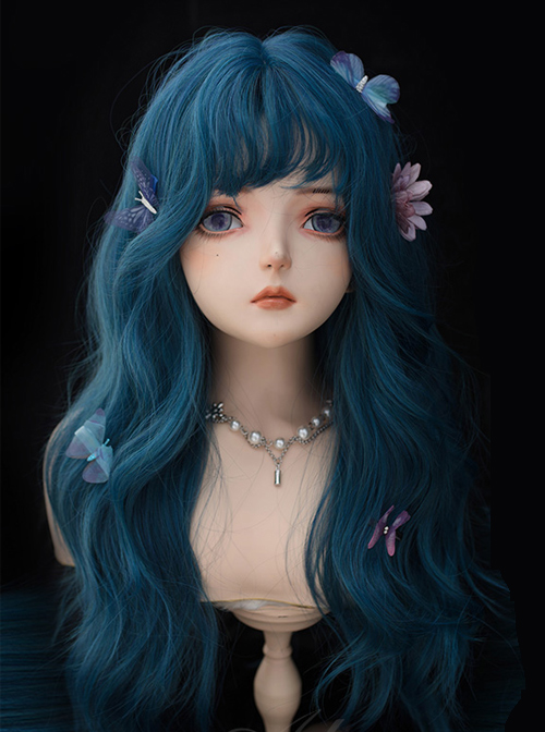 Deep-Sea Blue Natural Curly Bangs Long Curly Wig Classic Lolita Wigs