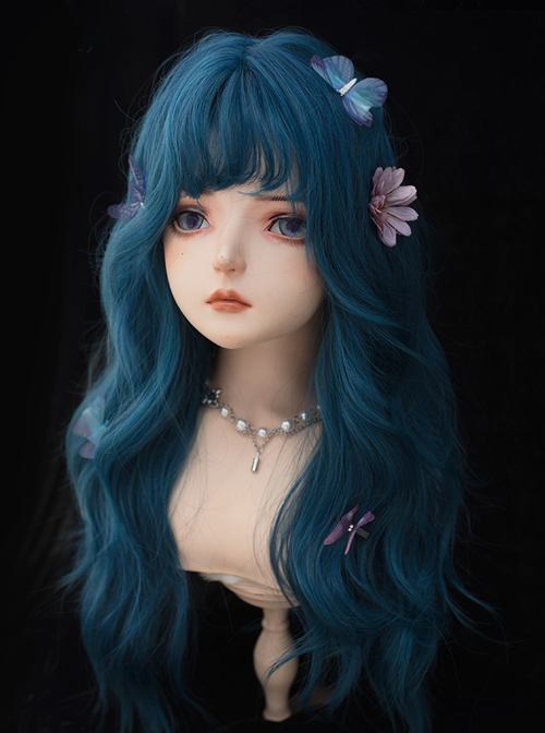 Deep-Sea Blue Natural Curly Bangs Long Curly Wig Classic Lolita Wigs