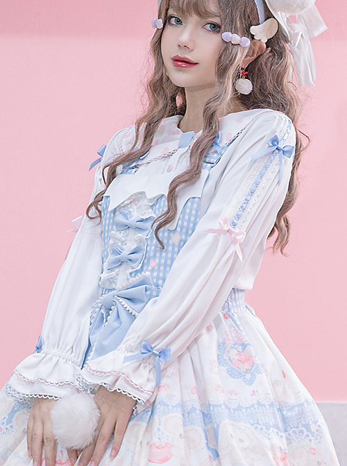 Girlish Heart Series Printing Doll Collar Sweet Lolita White Long Sleeve Bowknot Shirt