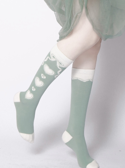 Cute Heart Pattern Sweet Lolita Green Spring Socks