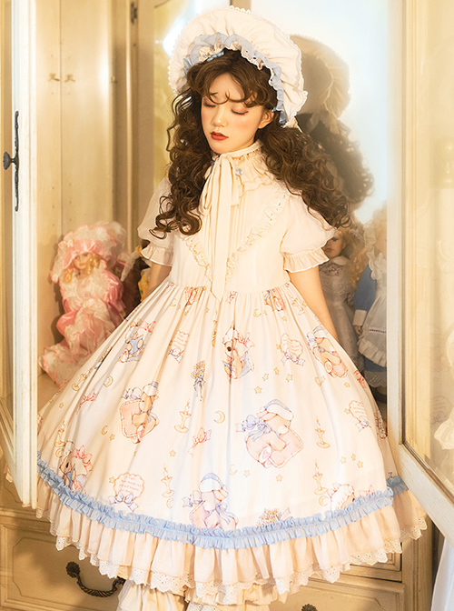 Good Night Fairy Tale Series OP Sweet Lolita Chiffon Short Sleeve Dress Full Set