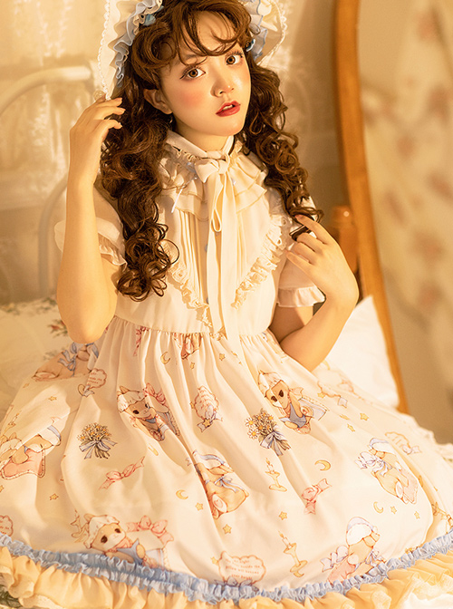 Good Night Fairy Tale Series OP Sweet Lolita Chiffon Short Sleeve Dress Full Set