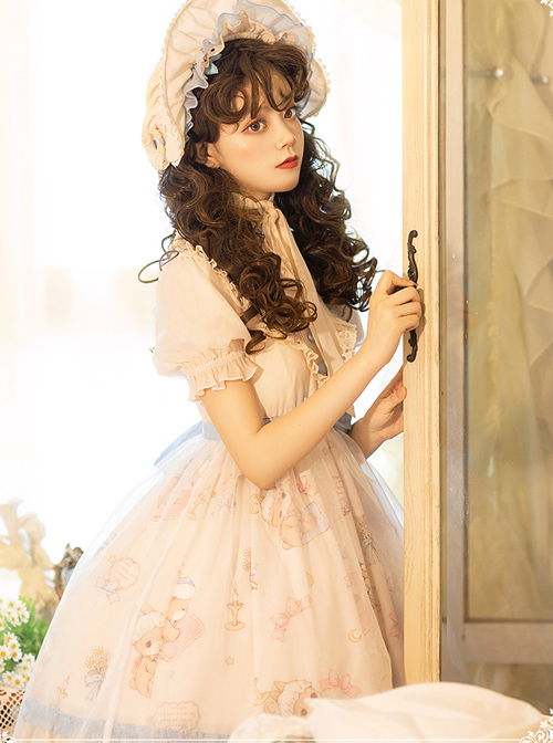 Good Night Fairy Tale Series OP Sweet Lolita Chiffon Short Sleeve Dress Full Set