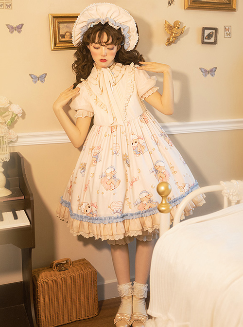 Good Night Fairy Tale Series OP Sweet Lolita Chiffon Short Sleeve Dress Full Set