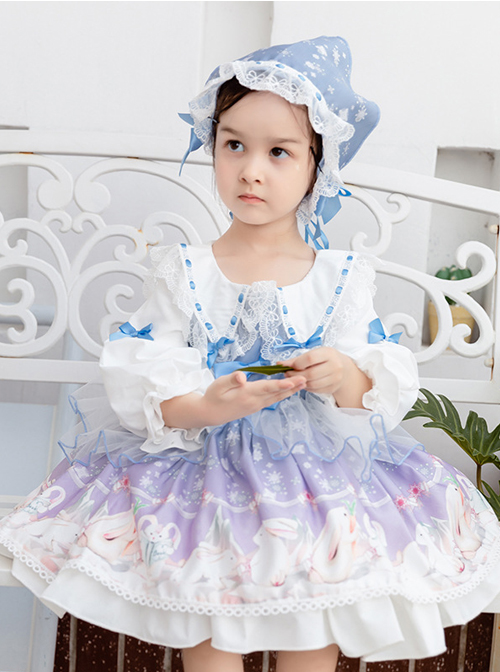 Cute Rabbits Printing Sweet Lolita Light Blue Children Long Sleeve Dress