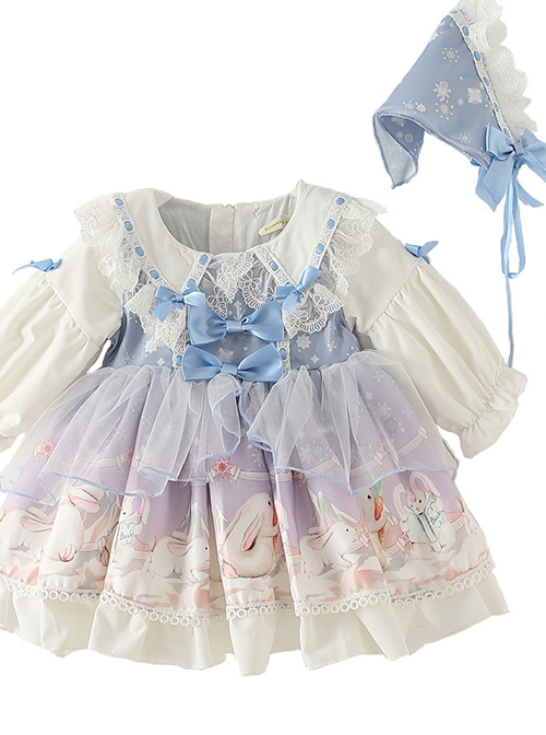 Cute Rabbits Printing Sweet Lolita Light Blue Children Long Sleeve Dress