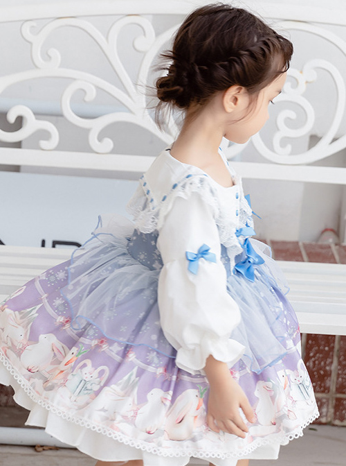 Cute Rabbits Printing Sweet Lolita Light Blue Children Long Sleeve Dress