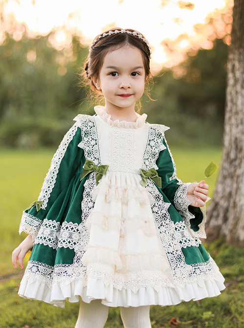 Apricot Lace Green Velour Children Classic Lolita Long Sleeve Dress