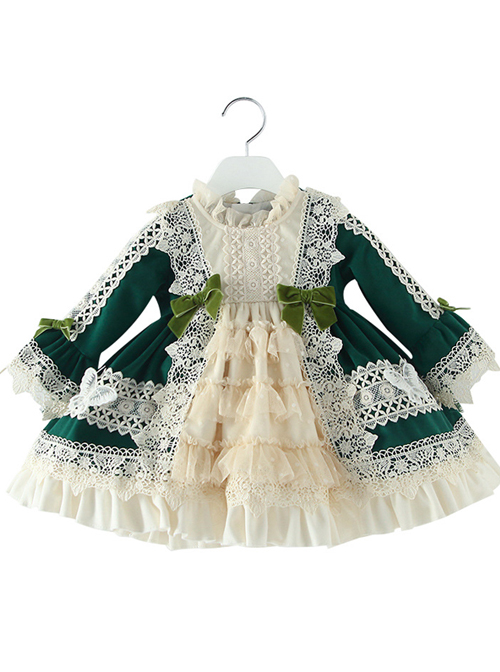 Apricot Lace Green Velour Children Classic Lolita Long Sleeve Dress