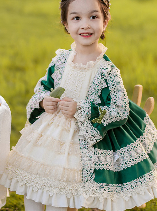 Apricot Lace Green Velour Children Classic Lolita Long Sleeve Dress