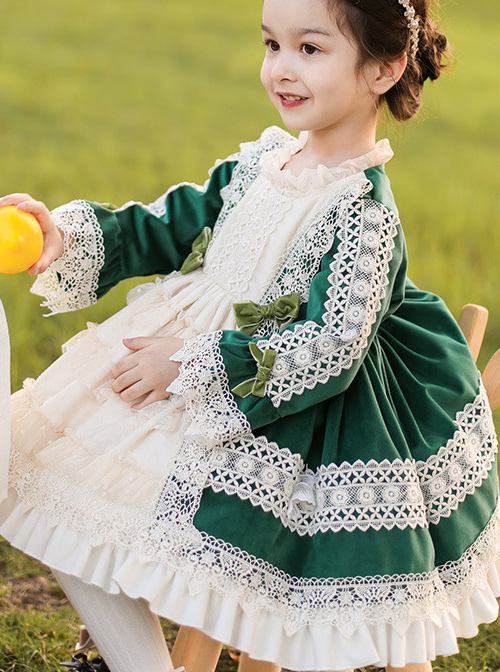 Apricot Lace Green Velour Children Classic Lolita Long Sleeve Dress