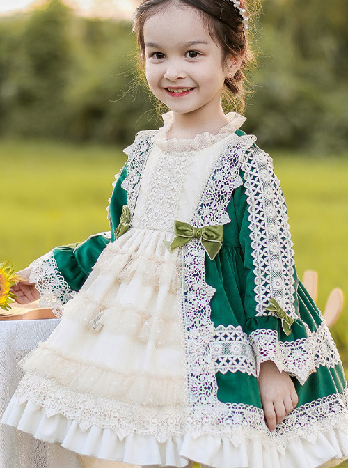 Apricot Lace Green Velour Children Classic Lolita Long Sleeve Dress