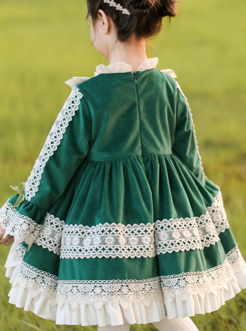 Apricot Lace Green Velour Children Classic Lolita Long Sleeve Dress