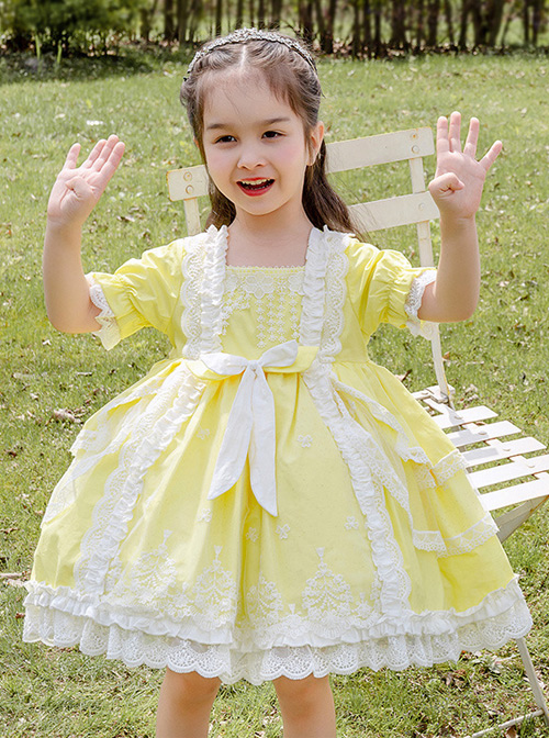 White Lace Yellow Cotton Children Sweet Lolita Short Sleeve Dress