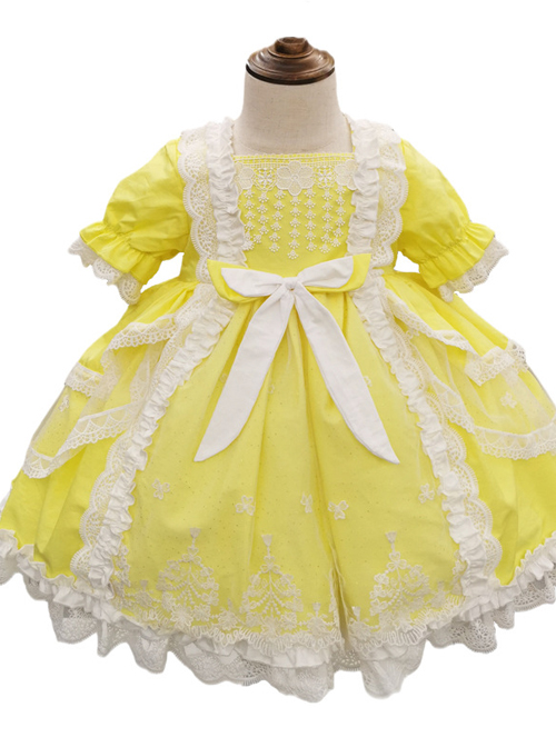 White Lace Yellow Cotton Children Sweet Lolita Short Sleeve Dress