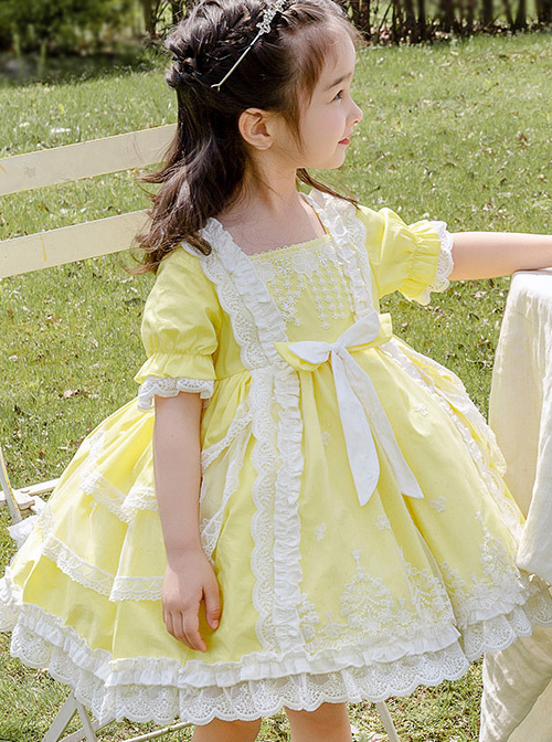 White Lace Yellow Cotton Children Sweet Lolita Short Sleeve Dress