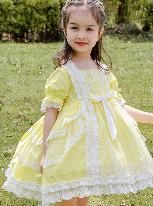 White Lace Yellow Cotton Children Sweet Lolita Short Sleeve Dress