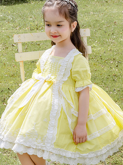 White Lace Yellow Cotton Children Sweet Lolita Short Sleeve Dress