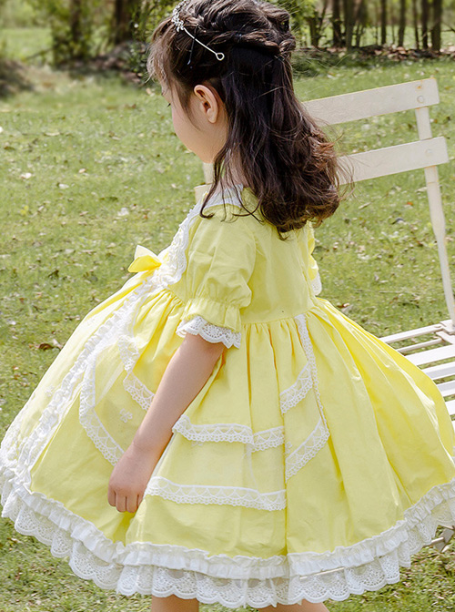 White Lace Yellow Cotton Children Sweet Lolita Short Sleeve Dress