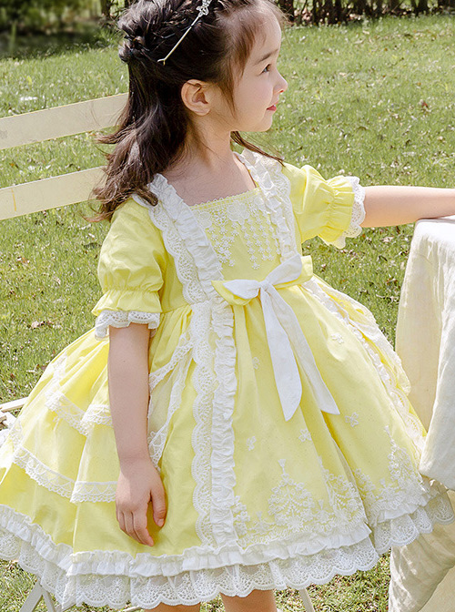 White Lace Yellow Cotton Children Sweet Lolita Short Sleeve Dress