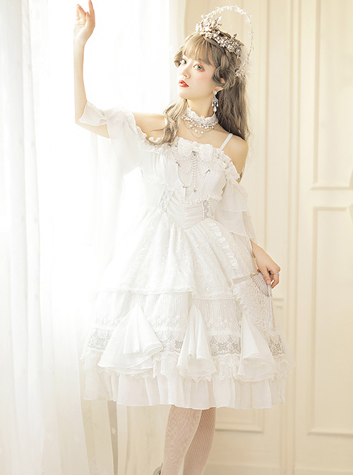 Thames God Series JSK White Chiffon Classic Lolita Elegant Tea Party Sling Dress