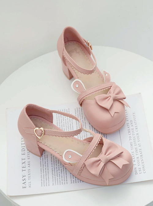 Cute Rabbit Ears Bowknot Sweet Lolita Thick Heel High Heel Shoes