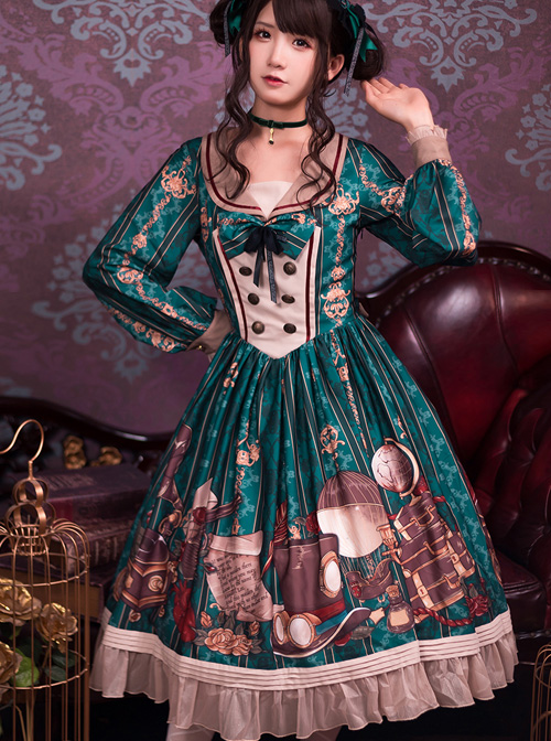 Travelers Series OP Printing Retro Classic Lolita Long Sleeve Dress