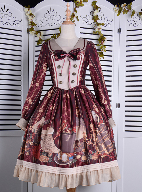 Travelers Series OP Printing Retro Classic Lolita Long Sleeve Dress