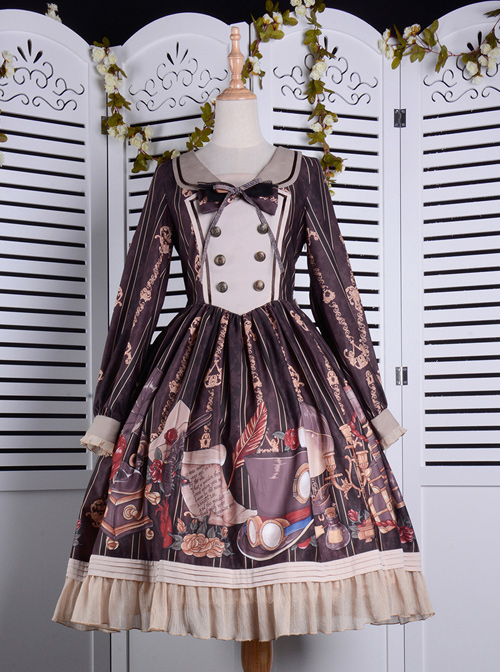 Travelers Series OP Printing Retro Classic Lolita Long Sleeve Dress