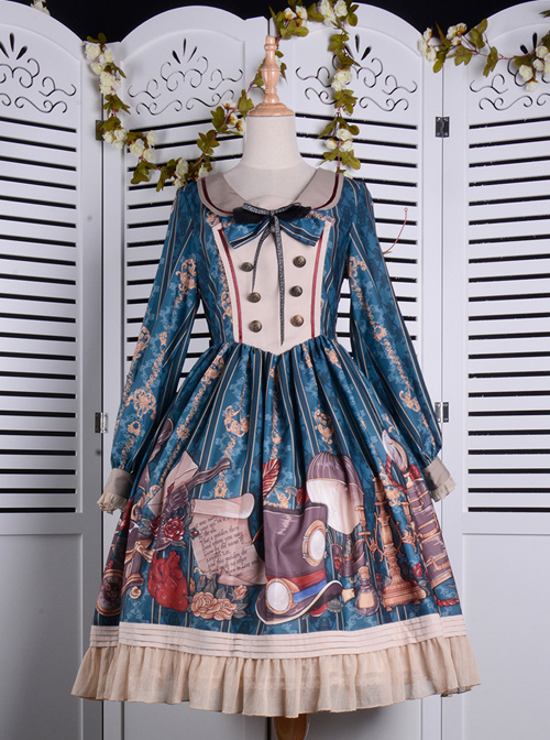 Travelers Series OP Printing Retro Classic Lolita Long Sleeve Dress