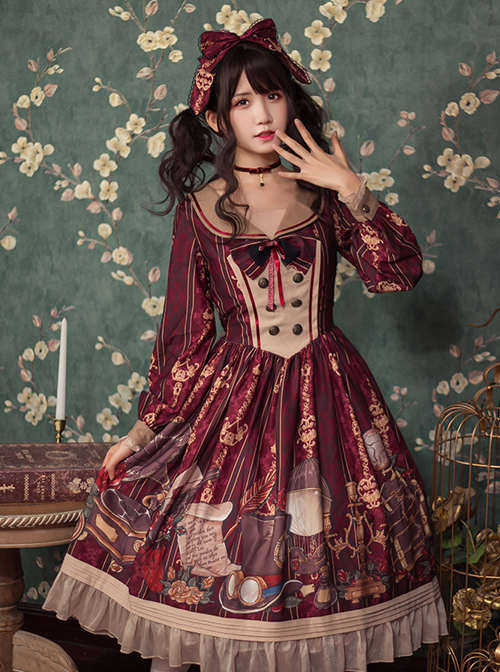 Travelers Series OP Printing Retro Classic Lolita Long Sleeve Dress