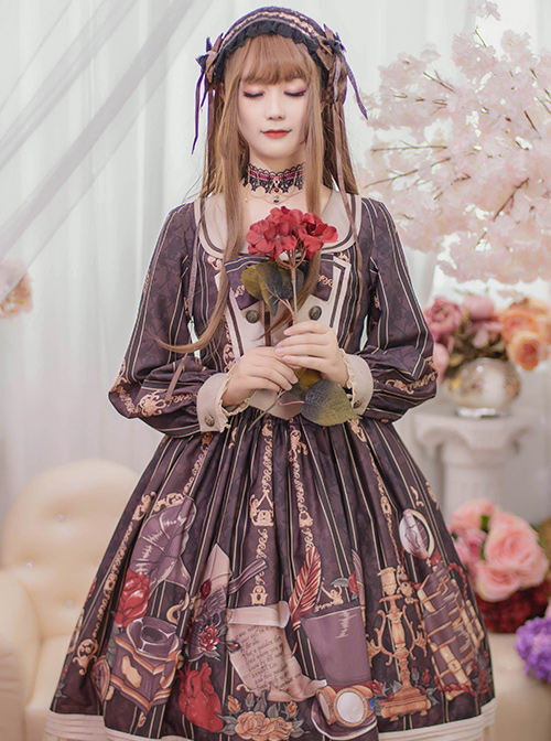 Travelers Series OP Printing Retro Classic Lolita Long Sleeve Dress