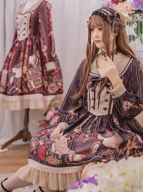 Travelers Series OP Printing Retro Classic Lolita Long Sleeve Dress