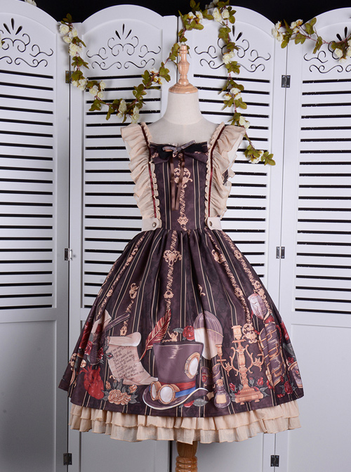 Travelers Series JSK Printing Retro Classic Lolita Ruffle Sling Dress