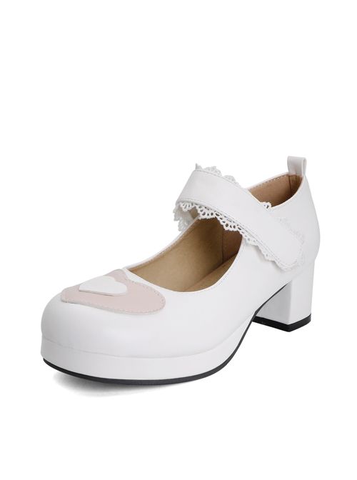 Cute Heart Pattern Thick Heel Sweet Lolita Velcro High Heel Shoes